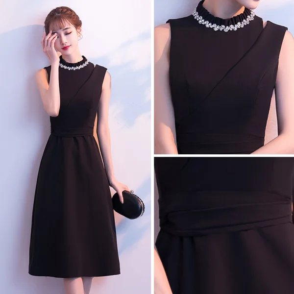 Modest / Simple Black Evening Dresses 2018 A-Line / Princess Scoop Neck Sleeveless Sash Tea-length Formal Dresses