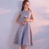 Chic / Beautiful Grey Homecoming Graduation Dresses 2018 A-Line / Princess Scoop Neck Sleeveless Beading Sequins Knee-Length Ruffle Backless Formal Dresses