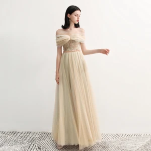 Élégant Champagne Robe De Soirée 2018 Princesse De L Épaule Manches Courtes Paillettes Perlage Ceinture Longue Volants Dos Nu Robe De Ceremonie