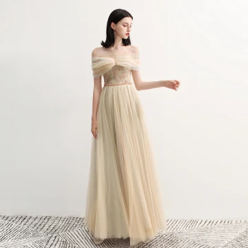 Élégant Champagne Robe De Soirée 2018 Princesse De L Épaule Manches Courtes Paillettes Perlage Ceinture Longue Volants Dos Nu Robe De Ceremonie