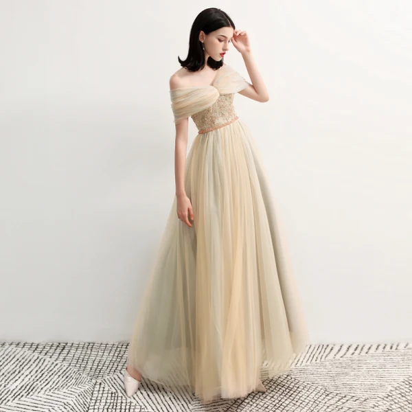 Élégant Champagne Robe De Soirée 2018 Princesse De l'épaule Manches Courtes Paillettes Perlage Ceinture Longue Volants Dos Nu Robe De Ceremonie