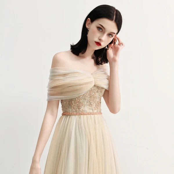 Élégant Champagne Robe De Soirée 2018 Princesse De l'épaule Manches Courtes Paillettes Perlage Ceinture Longue Volants Dos Nu Robe De Ceremonie
