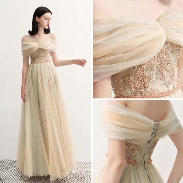 Élégant Champagne Robe De Soirée 2018 Princesse De l'épaule Manches Courtes Paillettes Perlage Ceinture Longue Volants Dos Nu Robe De Ceremonie