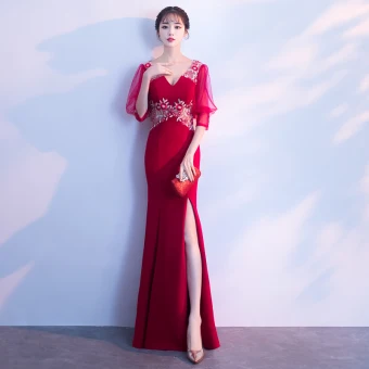 Chic Belle Bordeaux Robe De Soirée 2018 Trompette Sirène V Cou 3 4 Manches Appliques Percé En Dentelle Fendue Devant Longue Robe De Ceremonie