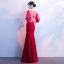 Chic / Beautiful Burgundy Evening Dresses  2018 Trumpet / Mermaid V-Neck 3/4 Sleeve Appliques Pierced Lace Split Front Floor-Length / Long Formal Dresses
