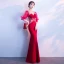 Chic / Beautiful Burgundy Evening Dresses  2018 Trumpet / Mermaid V-Neck 3/4 Sleeve Appliques Pierced Lace Split Front Floor-Length / Long Formal Dresses