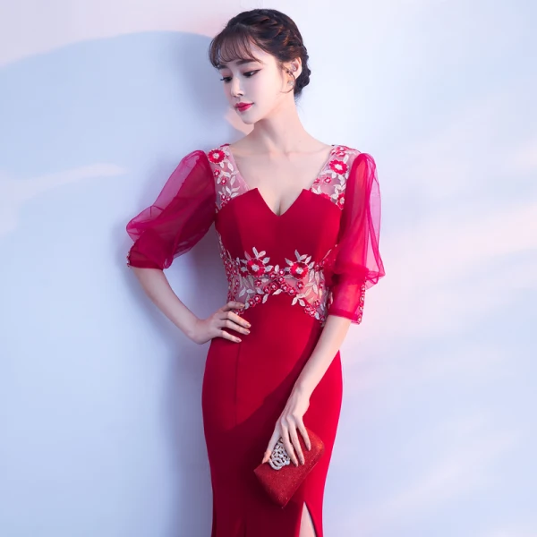 Chic / Beautiful Burgundy Evening Dresses 2018 Trumpet / Mermaid V-Neck 3/4 Sleeve Appliques Pierced Lace Split Front Floor-Length / Long Formal Dresses