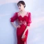 Chic / Beautiful Burgundy Evening Dresses  2018 Trumpet / Mermaid V-Neck 3/4 Sleeve Appliques Pierced Lace Split Front Floor-Length / Long Formal Dresses