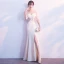 Chic / Beautiful Burgundy Evening Dresses  2018 Trumpet / Mermaid V-Neck 3/4 Sleeve Appliques Pierced Lace Split Front Floor-Length / Long Formal Dresses