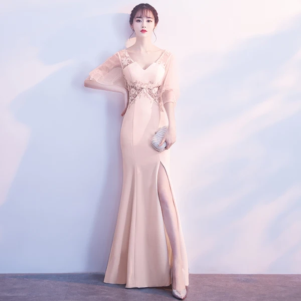 Chic / Beautiful Burgundy Evening Dresses 2018 Trumpet / Mermaid V-Neck 3/4 Sleeve Appliques Pierced Lace Split Front Floor-Length / Long Formal Dresses