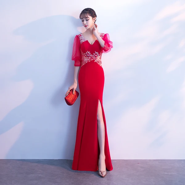 Chic / Beautiful Burgundy Evening Dresses 2018 Trumpet / Mermaid V-Neck 3/4 Sleeve Appliques Pierced Lace Split Front Floor-Length / Long Formal Dresses