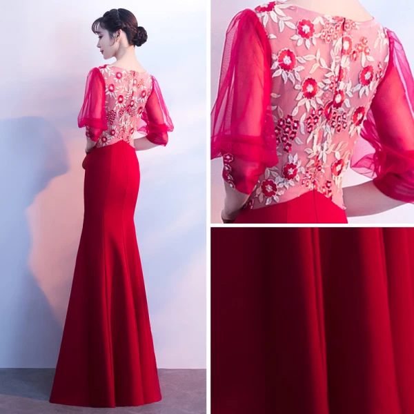 Chic / Beautiful Burgundy Evening Dresses 2018 Trumpet / Mermaid V-Neck 3/4 Sleeve Appliques Pierced Lace Split Front Floor-Length / Long Formal Dresses