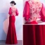 Chic / Beautiful Burgundy Evening Dresses  2018 Trumpet / Mermaid V-Neck 3/4 Sleeve Appliques Pierced Lace Split Front Floor-Length / Long Formal Dresses