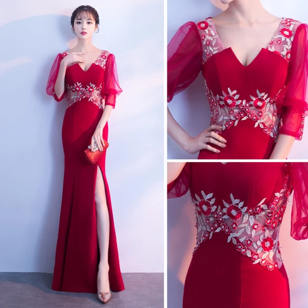 Chic / Beautiful Burgundy Evening Dresses 2018 Trumpet / Mermaid V-Neck 3/4 Sleeve Appliques Pierced Lace Split Front Floor-Length / Long Formal Dresses