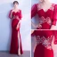 Chic / Beautiful Burgundy Evening Dresses  2018 Trumpet / Mermaid V-Neck 3/4 Sleeve Appliques Pierced Lace Split Front Floor-Length / Long Formal Dresses