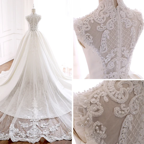 Vintage / Retro Ivory Wedding Dresses 2018 Ball Gown High Neck Sleeveless Appliques Pierced Lace Beading Pearl Cathedral Train Ruffle