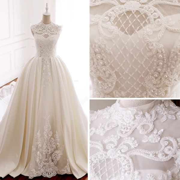 Vintage / Retro Ivory Wedding Dresses 2018 Ball Gown High Neck Sleeveless Appliques Pierced Lace Beading Pearl Cathedral Train Ruffle