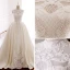Vintage / Retro Ivory Wedding Dresses 2018 Ball Gown High Neck Sleeveless Appliques Pierced Lace Beading Pearl Cathedral Train Ruffle