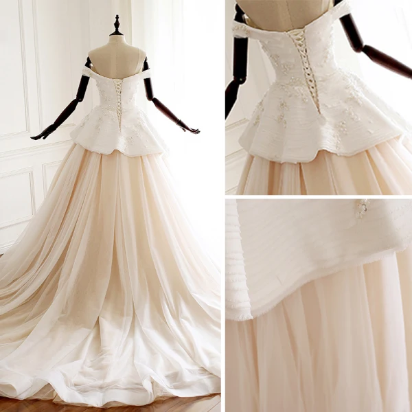 Luxe Champagne Robe De Mariée 2018 Robe Boule De l'épaule Manches Courtes Dos Nu Perle Perlage Paillettes Cathedral Train Volants