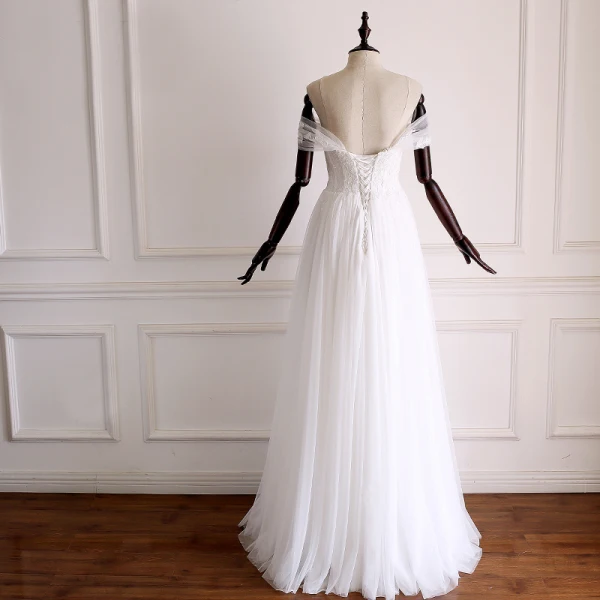 Modest / Simple White Wedding Dresses 2018 A-Line / Princess Off-The-Shoulder Short Sleeve Backless Appliques Lace Floor-Length / Long Ruffle