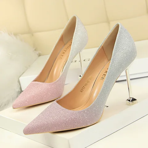 Mote Rødmende Rosa Gradient-Farge Aften Pumps 2022 Paljetter 9 cm Stiletthæler Spisse Pumps Høyhælte