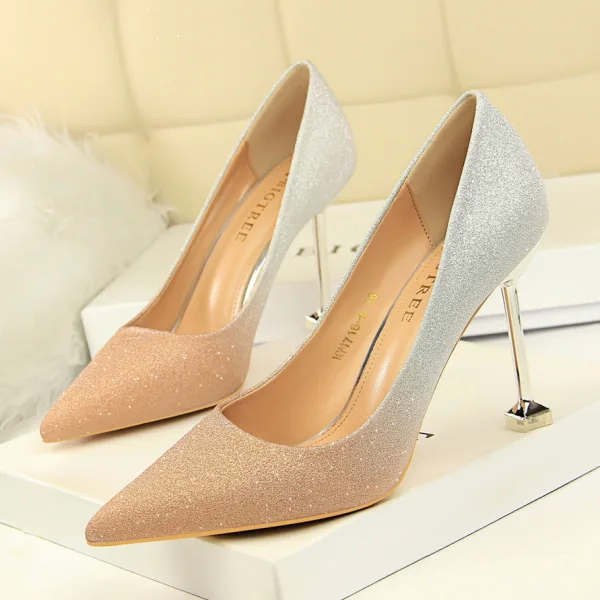 Fashion Blushing Pink Gradient-Color Evening Party Pumps 2022 Sequins 9 cm Stiletto Heels Pointed Toe Pumps High Heels