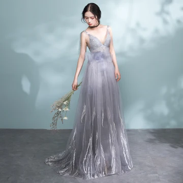 Sexy Grey Evening Dresses 2017 A Line Princess V Neck Shoulders Sleeveless Appliques Lace Bow Sash Sweep Train Backless Formal Dresses