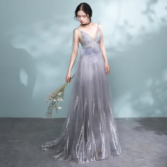 Sexy Grey Evening Dresses 2017 A Line Princess V Neck Shoulders Sleeveless Appliques Lace Bow Sash Sweep Train Backless Formal Dresses