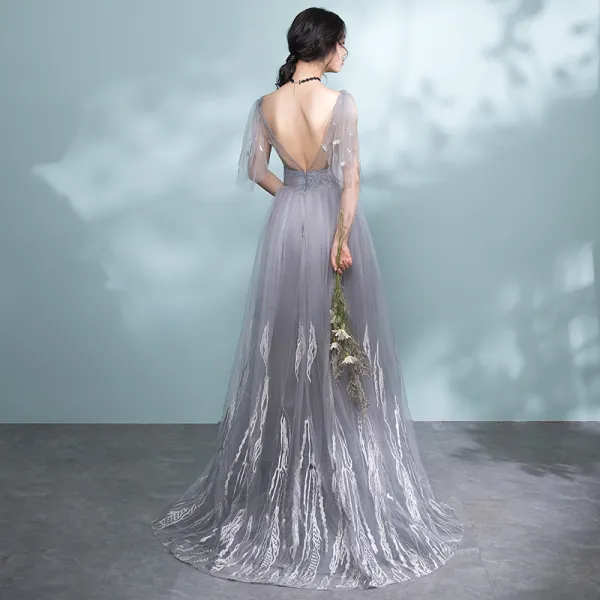 Sexy Grey Evening Dresses 2017 A-Line / Princess V-Neck Shoulders ...
