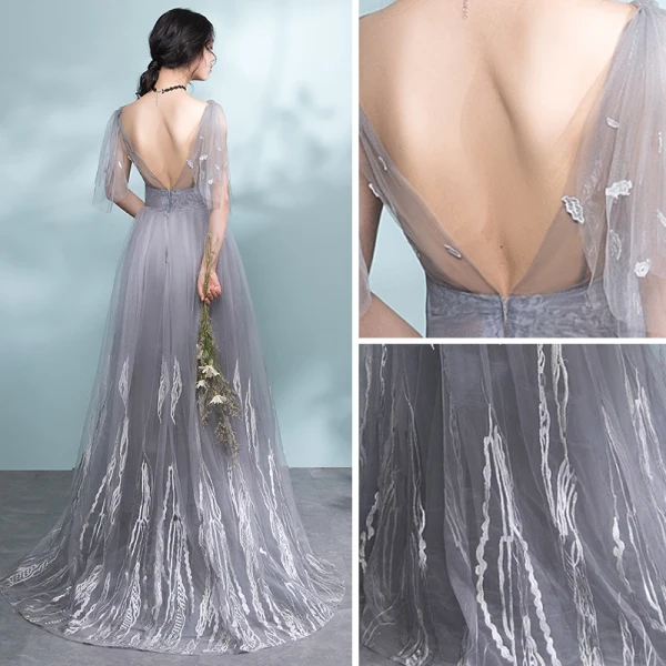 Sexy Gris Robe De Soirée 2017 Princesse V-Cou épaules Sans Manches Appliques En Dentelle Noeud Ceinture Train De Balayage Dos Nu Robe De Ceremonie