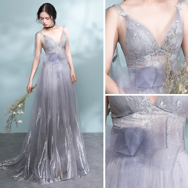 Sexy Gris Robe De Soirée 2017 Princesse V-Cou épaules Sans Manches Appliques En Dentelle Noeud Ceinture Train De Balayage Dos Nu Robe De Ceremonie