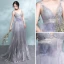Sexy Gris Robe De Soirée 2017 Princesse V-Cou épaules Sans Manches Appliques En Dentelle Noeud Ceinture Train De Balayage Dos Nu Robe De Ceremonie