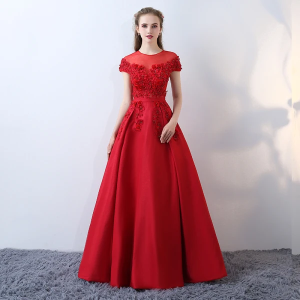 Chic / Belle Rouge Percé Robe De Soirée 2017 Princesse Encolure Dégagée Manches Courtes Appliques Fleur Perle Perlage Ceinture Longue Dos Nu Robe De Ceremonie
