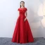 Chic / Belle Rouge Percé Robe De Soirée 2017 Princesse Encolure Dégagée Manches Courtes Appliques Fleur Perle Perlage Ceinture Longue Dos Nu Robe De Ceremonie