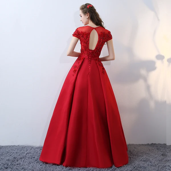 Chic / Belle Rouge Percé Robe De Soirée 2017 Princesse Encolure Dégagée Manches Courtes Appliques Fleur Perle Perlage Ceinture Longue Dos Nu Robe De Ceremonie