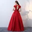 Chic / Belle Rouge Percé Robe De Soirée 2017 Princesse Encolure Dégagée Manches Courtes Appliques Fleur Perle Perlage Ceinture Longue Dos Nu Robe De Ceremonie