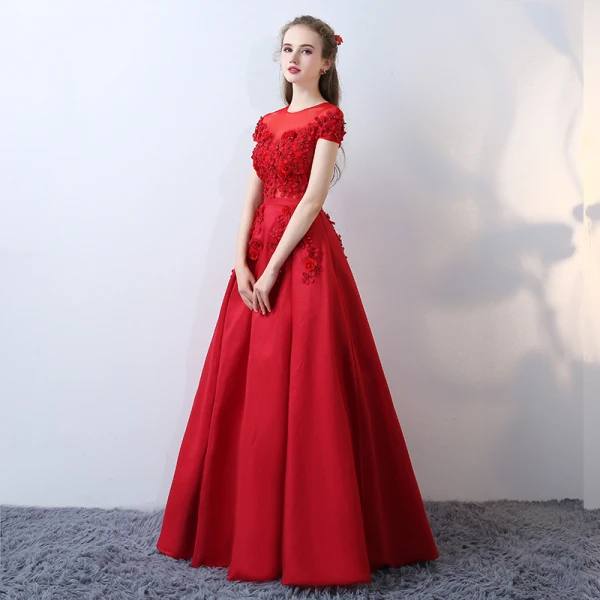 Chic / Belle Rouge Percé Robe De Soirée 2017 Princesse Encolure Dégagée Manches Courtes Appliques Fleur Perle Perlage Ceinture Longue Dos Nu Robe De Ceremonie