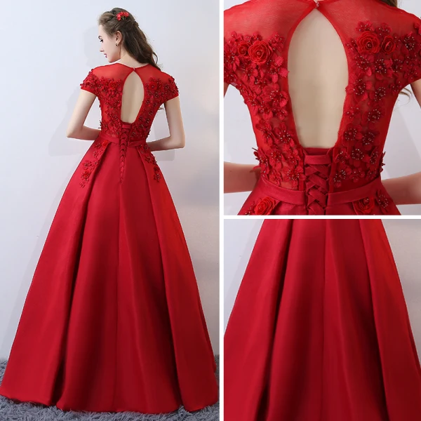 Chic / Belle Rouge Percé Robe De Soirée 2017 Princesse Encolure Dégagée Manches Courtes Appliques Fleur Perle Perlage Ceinture Longue Dos Nu Robe De Ceremonie