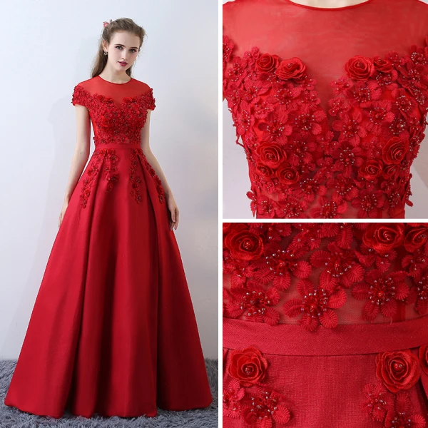Chic / Belle Rouge Percé Robe De Soirée 2017 Princesse Encolure Dégagée Manches Courtes Appliques Fleur Perle Perlage Ceinture Longue Dos Nu Robe De Ceremonie