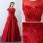 Chic / Belle Rouge Percé Robe De Soirée 2017 Princesse Encolure Dégagée Manches Courtes Appliques Fleur Perle Perlage Ceinture Longue Dos Nu Robe De Ceremonie