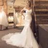 Chic / Beautiful White Wedding Dresses 2017 Trumpet / Mermaid Sweetheart Short Sleeve Backless Appliques Lace Chapel Train