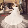 Chic / Beautiful White Wedding Dresses 2017 Trumpet / Mermaid Sweetheart Short Sleeve Backless Appliques Lace Chapel Train