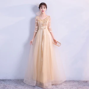 Élégant Doré Robe De Soirée 2018 Empire V Cou 3 4 Manches Appliques En Dentelle Paillettes Perlage Ceinture Longue Volants Dos Nu Robe De Ceremonie