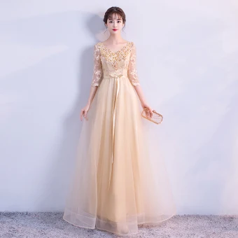 Élégant Doré Robe De Soirée 2018 Empire V Cou 3 4 Manches Appliques En Dentelle Paillettes Perlage Ceinture Longue Volants Dos Nu Robe De Ceremonie