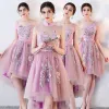 High Low Lilac Bridesmaid Dresses 2018 A-Line / Princess Sash Embroidered Asymmetrical Ruffle Backless Wedding Party Dresses