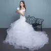 Chic / Beautiful Hall Wedding Dresses 2017 Lace Appliques Sequins Pearl Backless Off-The-Shoulder Sweetheart Short Sleeve Chapel Train White Trumpet / Mermaid