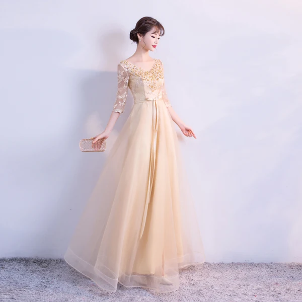 Élégant Doré Robe De Soirée 2018 Empire V-Cou 3/4 Manches Appliques En Dentelle Paillettes Perlage Ceinture Longue Volants Dos Nu Robe De Ceremonie