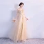 Élégant Doré Robe De Soirée 2018 Empire V-Cou 3/4 Manches Appliques En Dentelle Paillettes Perlage Ceinture Longue Volants Dos Nu Robe De Ceremonie