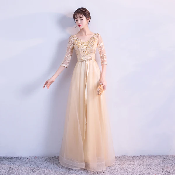 Élégant Doré Robe De Soirée 2018 Empire V-Cou 3/4 Manches Appliques En Dentelle Paillettes Perlage Ceinture Longue Volants Dos Nu Robe De Ceremonie