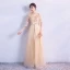 Élégant Doré Robe De Soirée 2018 Empire V-Cou 3/4 Manches Appliques En Dentelle Paillettes Perlage Ceinture Longue Volants Dos Nu Robe De Ceremonie